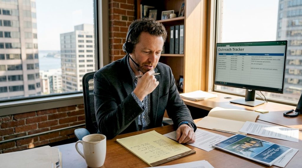 Investor cold calling in office with headset and notes