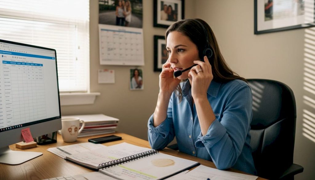 Real estate agent referencing script in home office