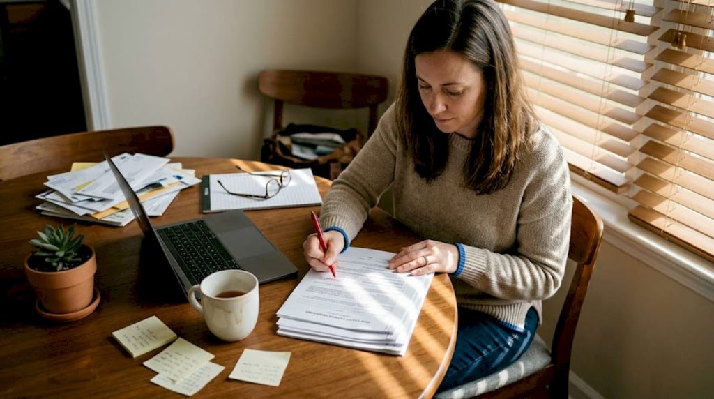 Woman reviewing closing documents at home office table
