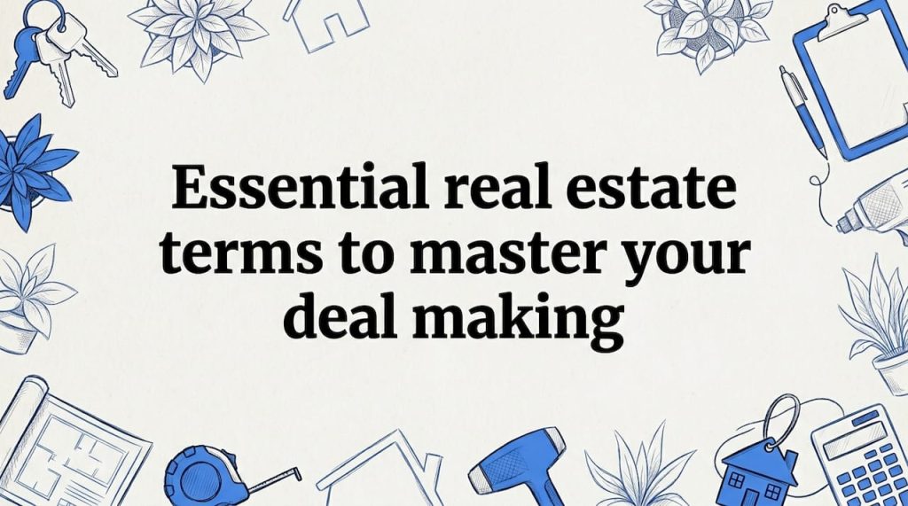 Title card with illustrated real estate objects framing center