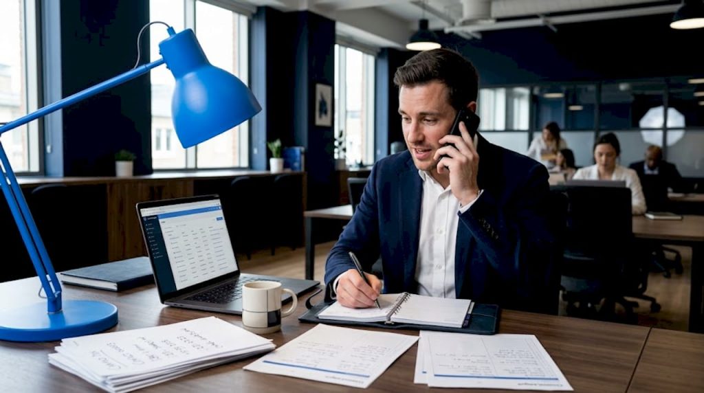 Wholesaler making phone call at desk
