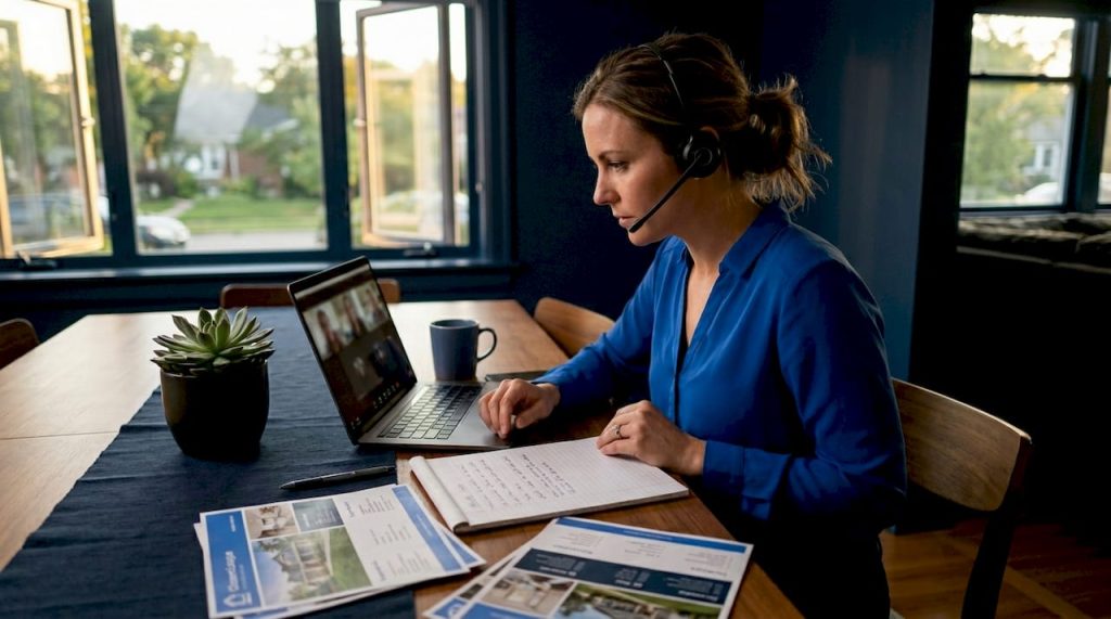 Agent practicing distressed call at kitchen table