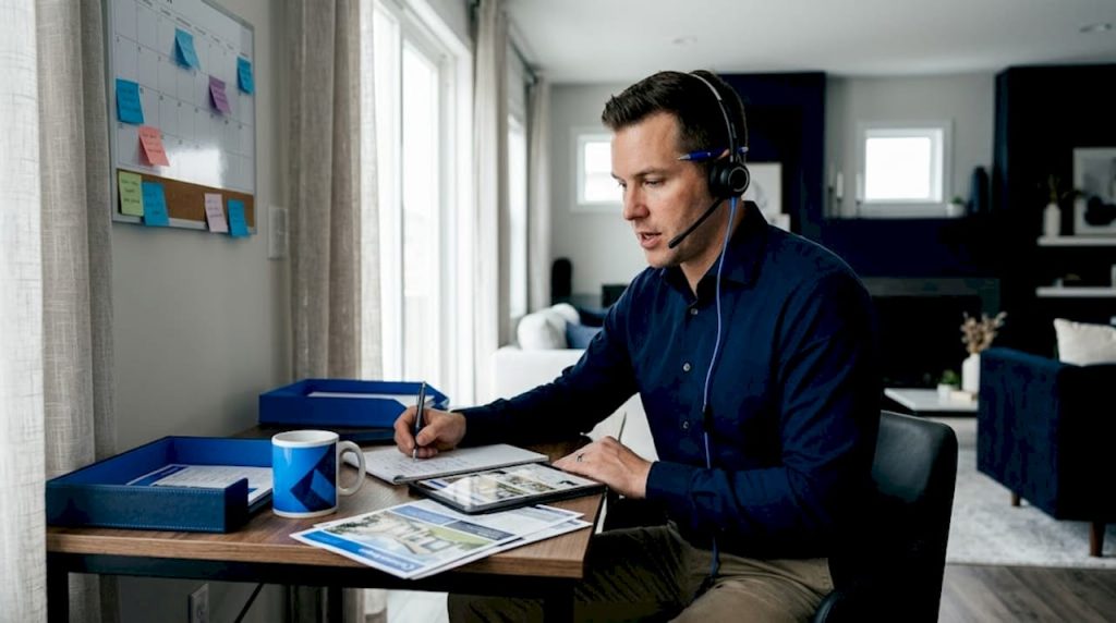 Real estate agent making cold call from home office
