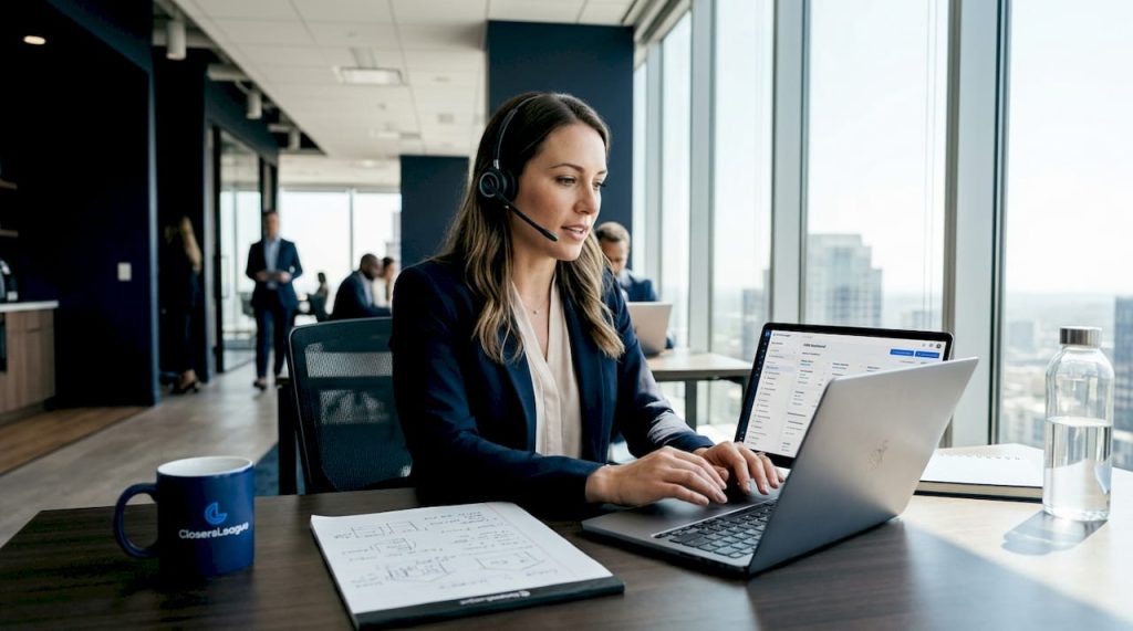 Real estate agent using headset in sunlit office