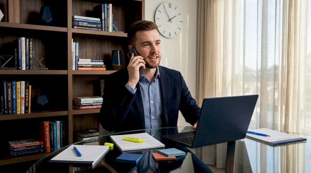 Person practicing cold call at home office desk