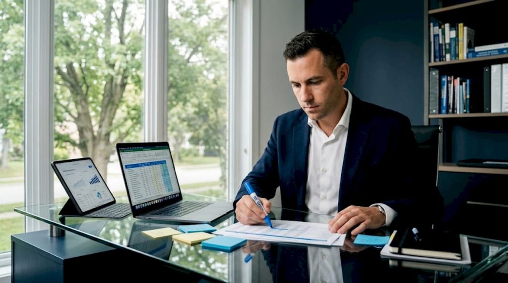 Real estate investor stacking property lists at home table