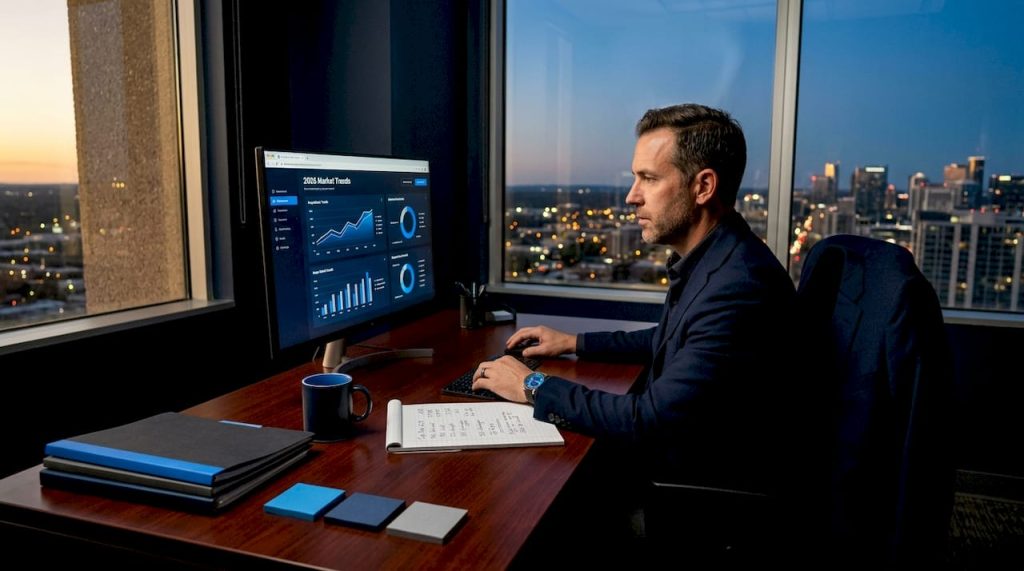 Real estate investor analyzing AI dashboard in city office