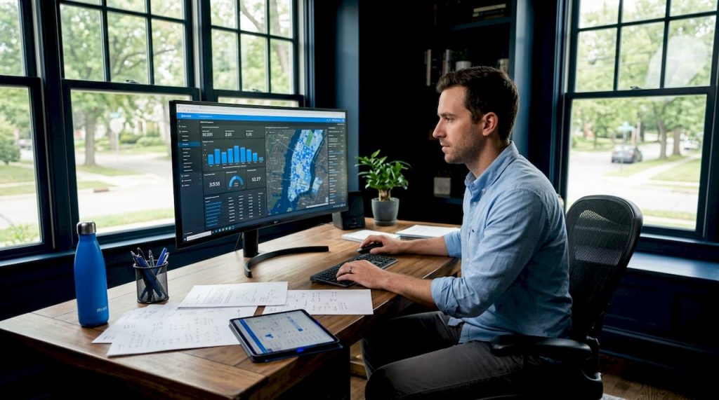 Analyst working on real estate data at home office