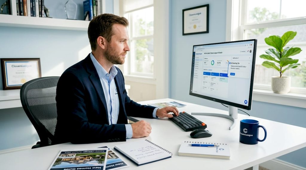 Real estate agent using AI coaching software at desk