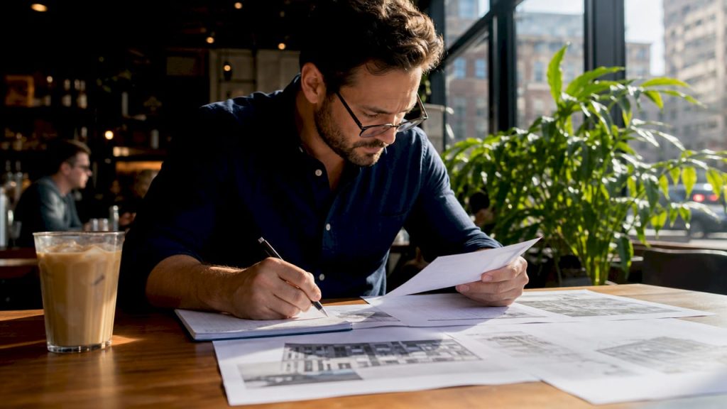 Investor reviewing printed property comps at desk