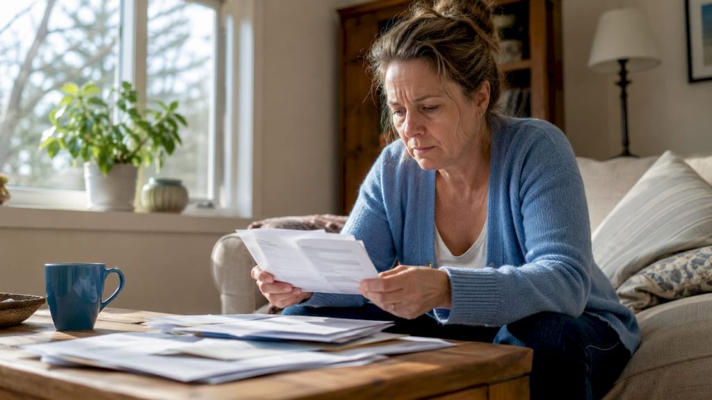 Homeowner reviewing urgent financial documents at kitchen table