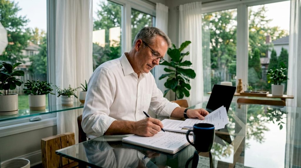 Real estate investor reviewing notes at kitchen table