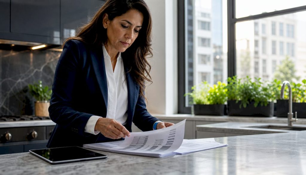 Professional reviewing property data sheets at desk