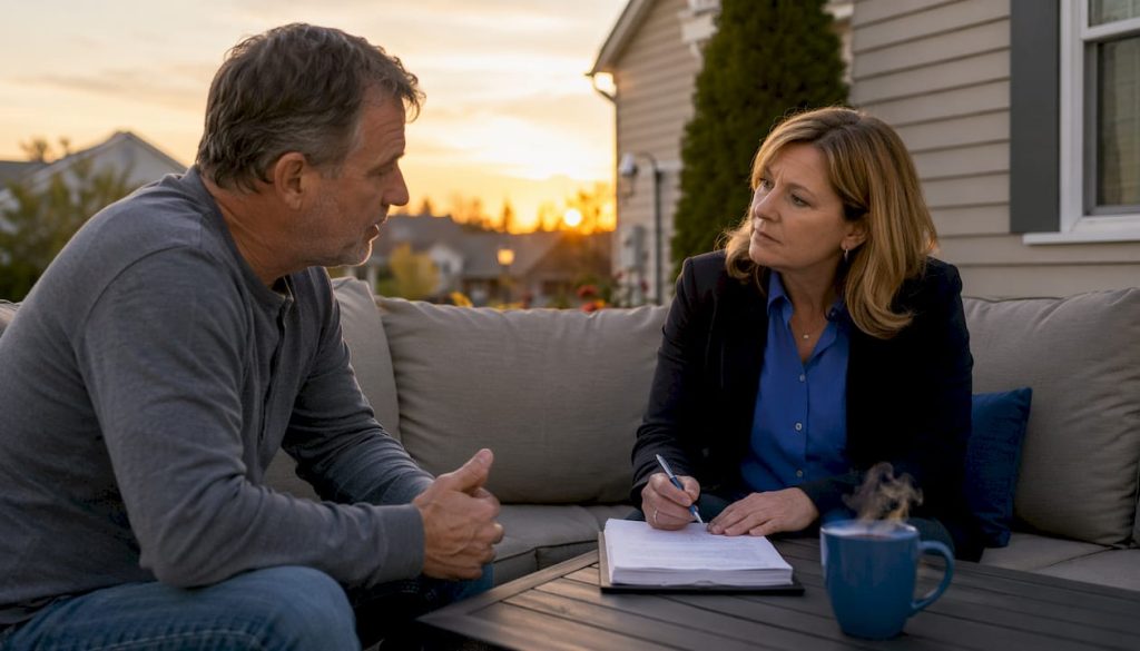 Real estate agent talking with distressed homeowner at kitchen table