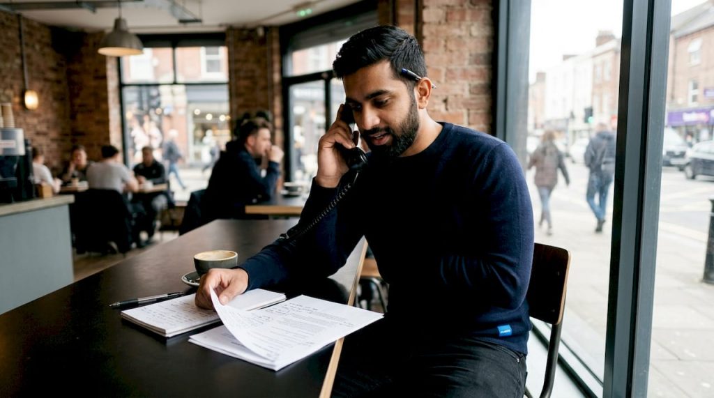 Person practicing cold call script at home desk