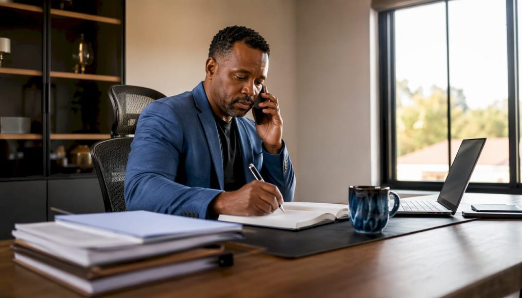 Real estate investor making cold call in home office