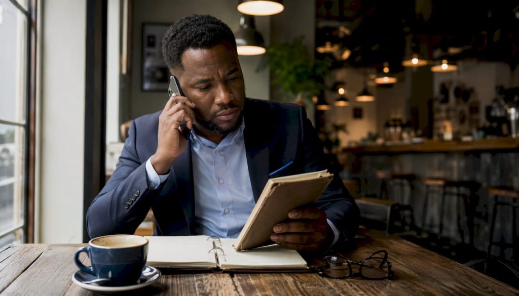 Agent listening intently on call in coffee shop