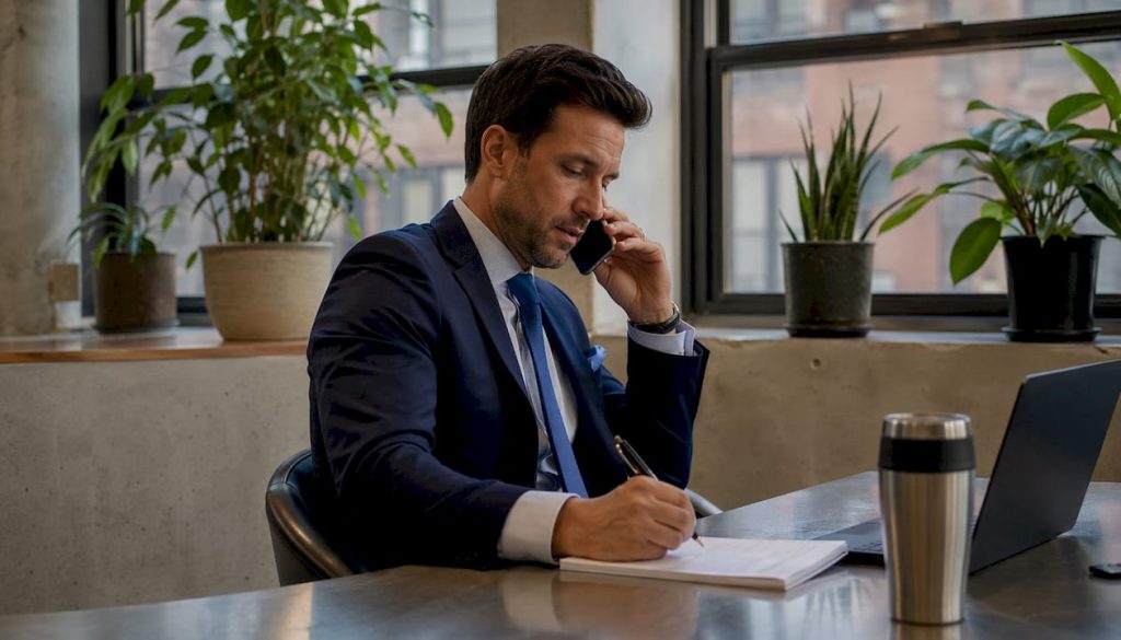 Real estate investor making a follow-up call at home desk
