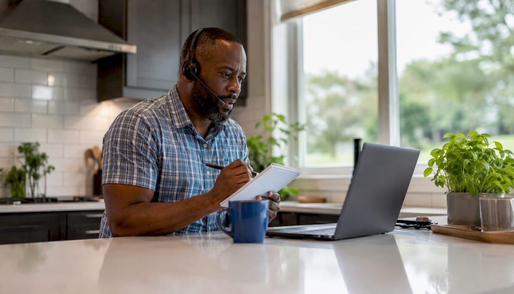 Investor practicing cold calls with headset