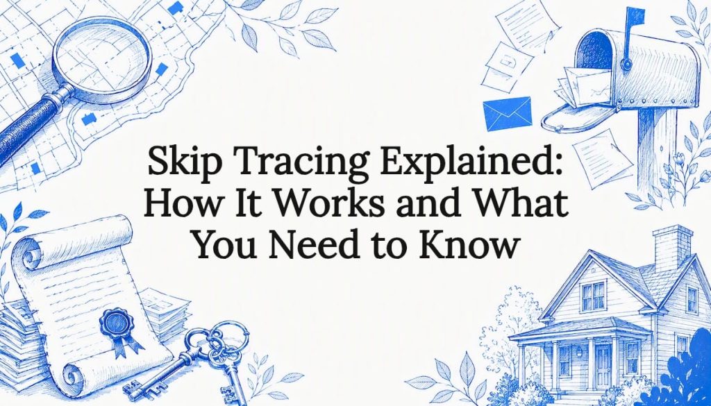 Decorative title card illustration for skip tracing article